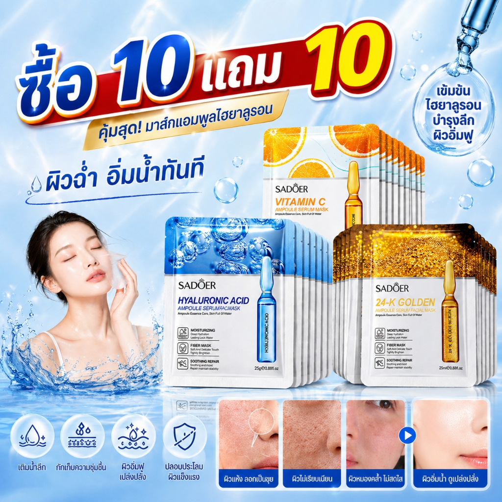 ซื้อ 10 ชิ้น แถมฟรี 10 ชิ้น 🔥 มาส์กแอมพูลไฮยาลูรอนิกแอซิด - เติมความชุ่มชื้นอย่างล้ำลึก บรรเทาอาการผิวแห้งและลอก ให้ผิวด
