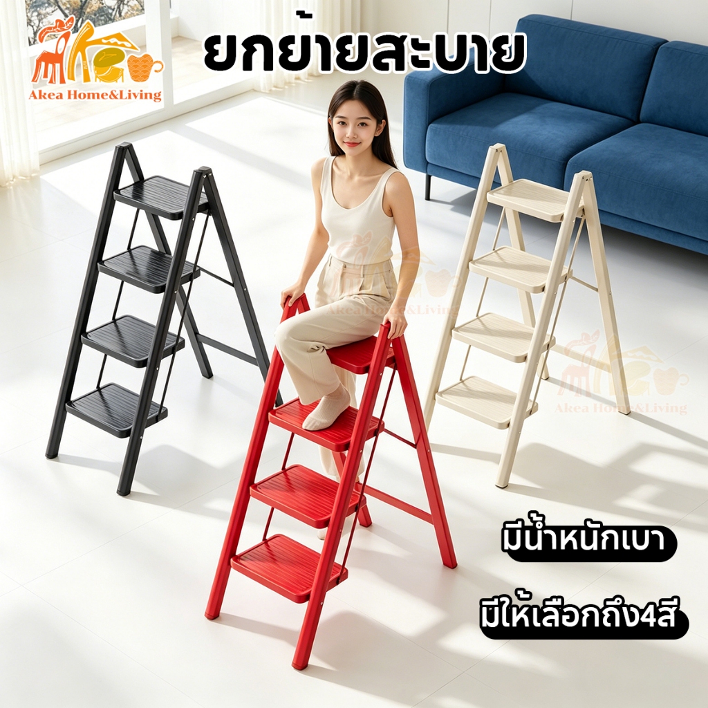 บันได บันไดพับได้ มี4สีให้เลือก น้ำหนักเบา ย้ายได้สะดวก ประหยัดแรงงาน รับน้ำหนักได้300กก.  ทนทาน  แป้งเหยียบกว้างขึ้น