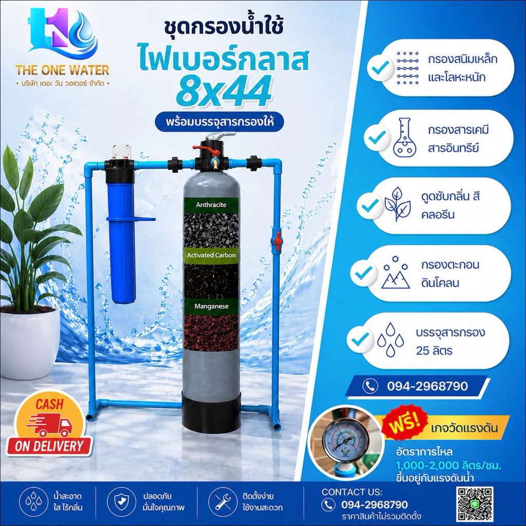 ชุดเครื่องกรองน้ำใช้ไฟเบอร์ พร้อมสารกรองอุปกรณ์ครบ ขนา8*44 พร้อมกรองฝุ่น5ไมครอน
