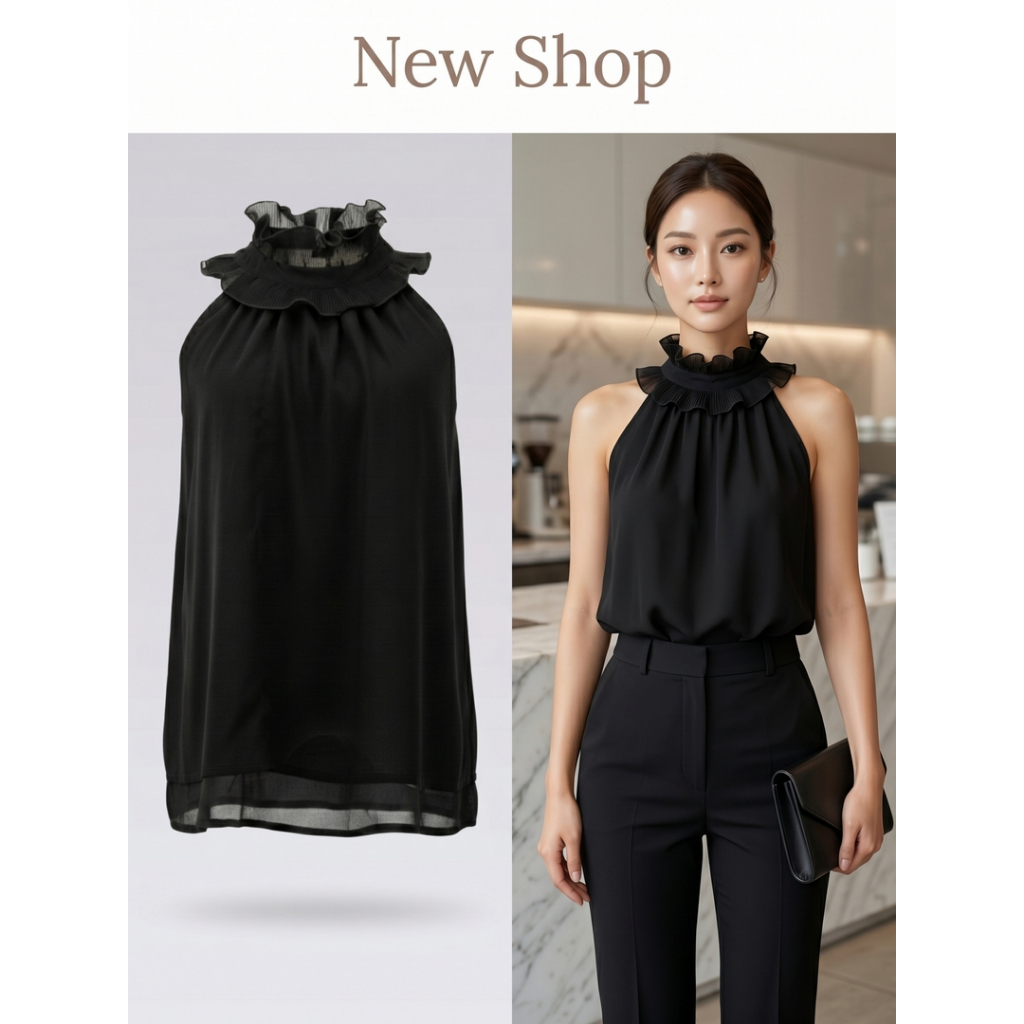เสื้อแขนกุดผู้หญิง เสื้อแขนกุดคอระบาย สีดำ ผ้าชีฟอง