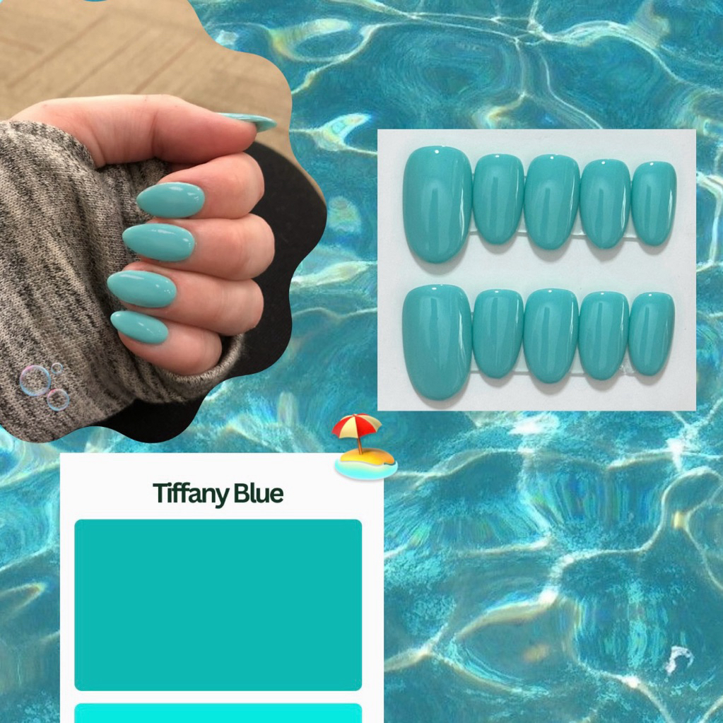 New ✨ เล็บปลอมเจลสีใหม่ Tiffany Blue กำลังฮิตตอนนี้  🏖️✨🫧  สีฟ้าอมเขียวโทนสว่าง (1-2 วันจัดส่ง)