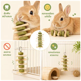 PETLUSCI® โมบาย ของเล่นลับฟัน ของเล่นกระต่าย ไม้ลับฟันกระต่ายและคุ้กกี้หญ้า ของเล่นกระต่าย โมบายไม้แอปเปิ้ล ไม้ไผ่หวาน
