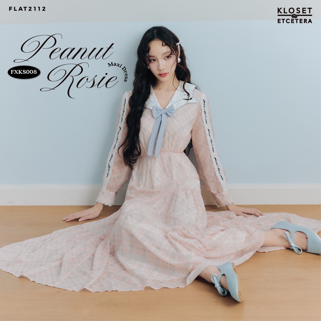 FLAT2112 : PEANUT ROSIE MAXI DRESS เดรสยาวสีชมพูอ่อน คอปกแขนยาว ลุคลูกคุณหวานเรียบร้อย เดรสผู้หญิงโทนพาสเทล (FXKS008)
