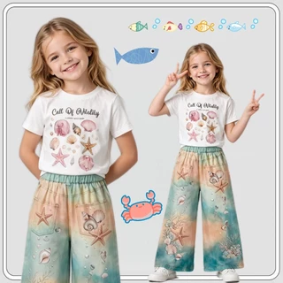 MC266 ชุดเซ็ตเด็กผู้หญิง เสื้อยืดลายเปลือกหอย+กางเกงขายาวลายทะเล สีพาสเทล น่ารักสดใส ใส่สบาย สไตล์เกาหลี