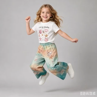MC266 ชุดเซ็ตเด็กผู้หญิง เสื้อยืดลายเปลือกหอย+กางเกงขายาวลายทะเล สีพาสเทล น่ารักสดใส ใส่สบาย สไตล์เกาหลี