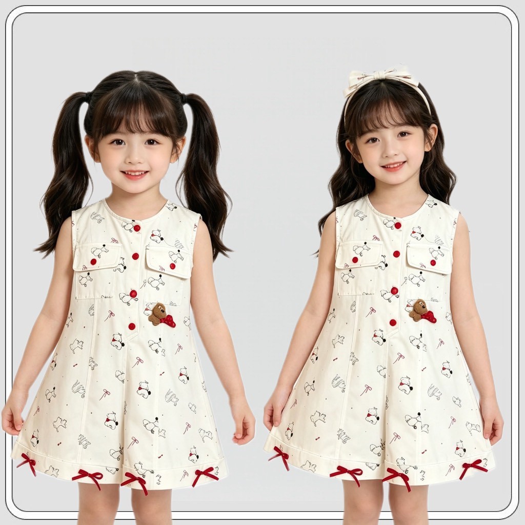 MC267 เอี๊ยมกางเกงเด็กผู้หญิงลายหมาน้อย สีขาว แต่งโบว์แดง น่ารักสไตล์เกาหลี ใส่สบาย