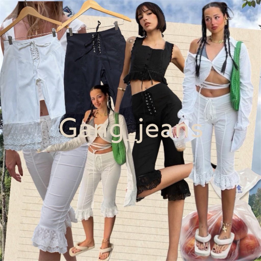 Gang_jeans(Mo)Lace Up Capri pants กางเกงสามส่วนชายเเต่งลูกไม้ เป็นเเบบสานเชือกด้านหน้า สวย สับ งานนำเข้า