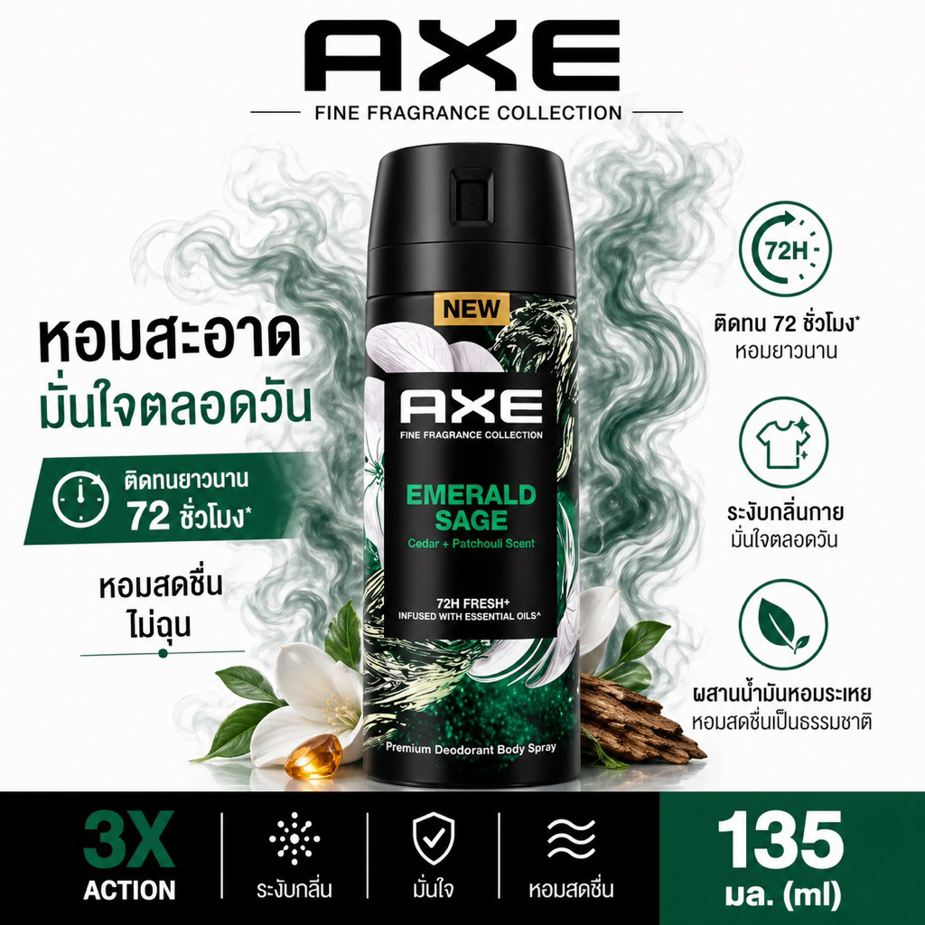 Axe Premium Emerald Sage Spray 135 ml แอ็กซ์ สเปรย์ระงับกลิ่นกาย กลิ่นสะอาด สดชื่น ติดทน 72 ชั่วโมง 