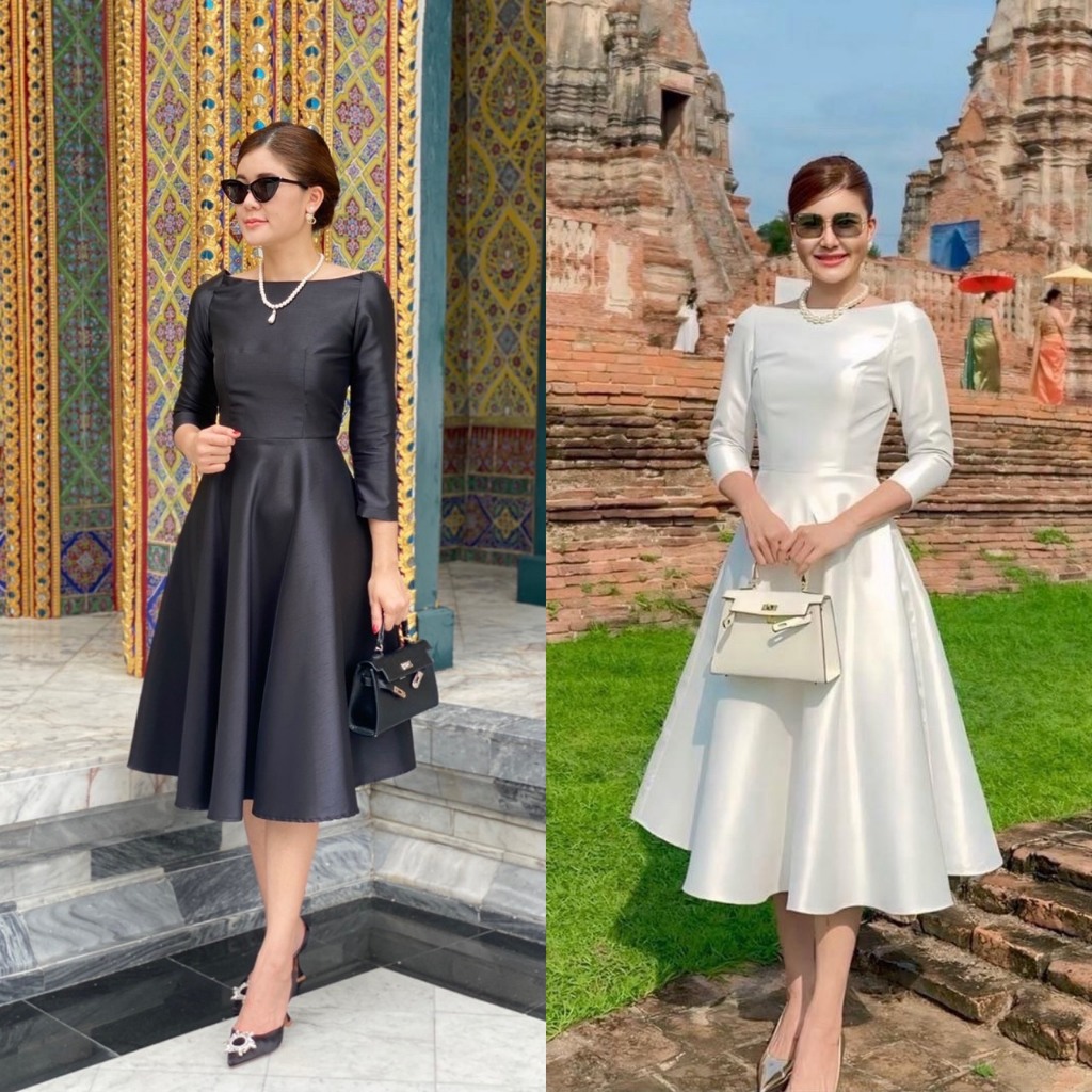 เดรสคอปาดราชินีอังกฤษ ชุดดำ เดรสสีดำ เดรสไปงานศพ ผ้าไหมสีดำ
