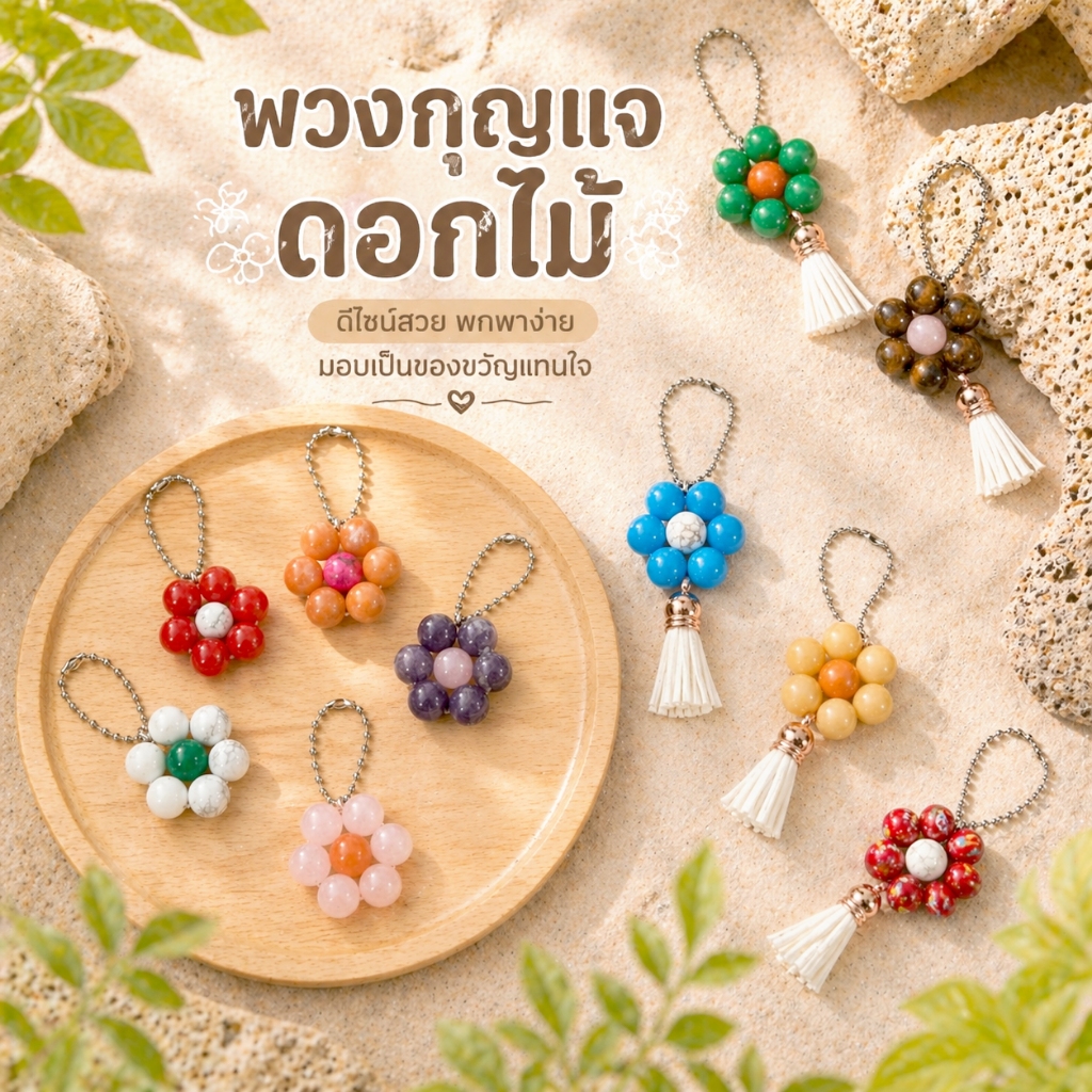 พวงกุญแจดอกไม้ พวงกุญแจดอกไม้พู่ หินมงคล สายมู / พวงกุญแจ หินนำโชค ลูกปัดหินแท้