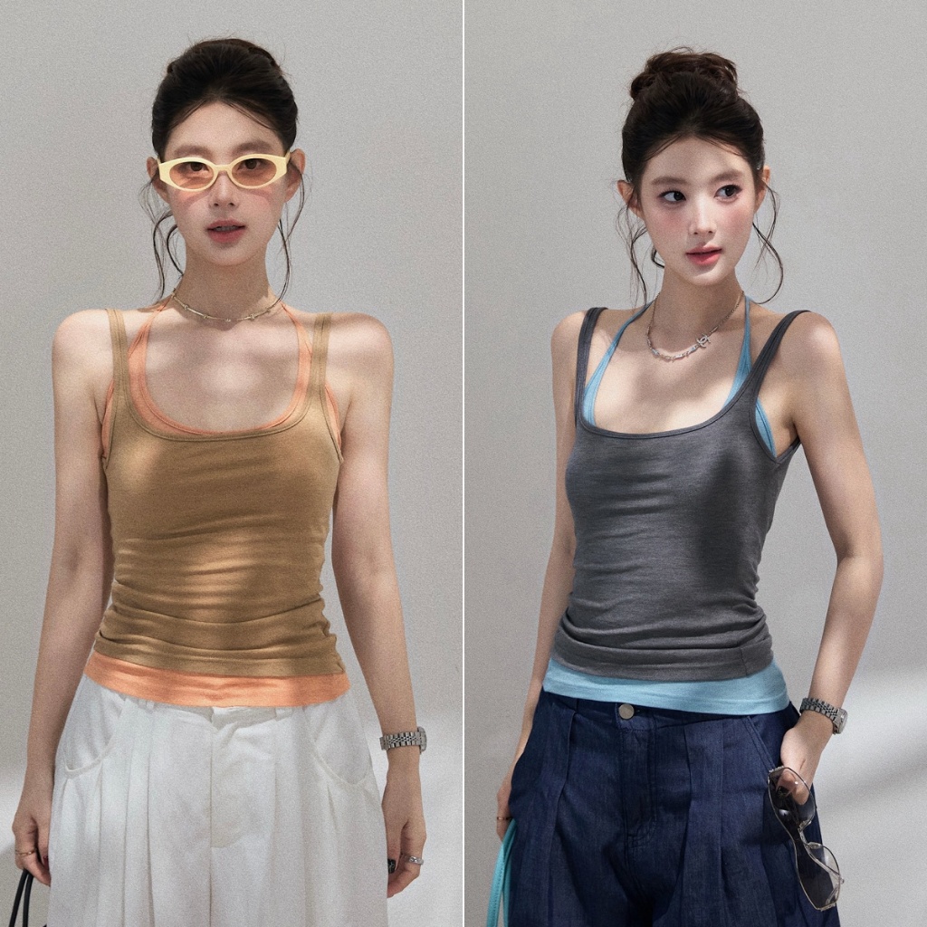 cherryshop เสื้อกล้ามผูกคอสองสีตัดกันสำหรับผู้หญิง การเลเยอร์สไตล์เรโทรเกาหลี เสื้อกล้ามที่ดูดีและน่ารัก