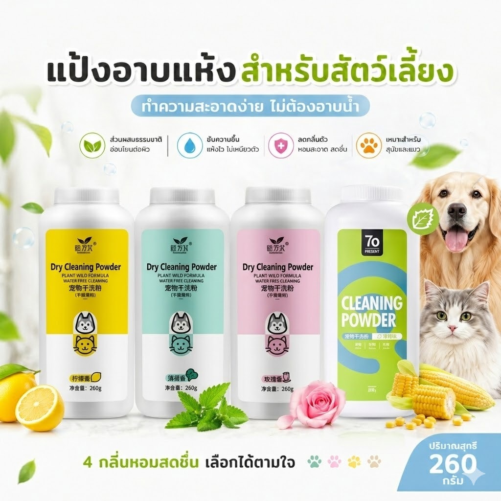 PET Record แป้งอาบน้ำแห้งสัตว์เลี้ยง 260g หมาแมว ดับกลิ่นสาบ ขนนุ่ม สะอาด ไม่ต้องใช้น้ำ