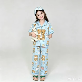 BB264 ชุดนอนเด็กผู้หญิงผู้ชาย ลายหมีน้อย เสื้อกระดุมหน้า กางเกงขายาว