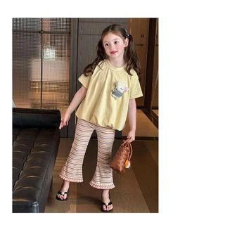 AY268 ชุดเซ็ตเด็กผู้หญิง เสื้อยืดสีพาสเทล แต่งตุ๊กตาหมี กางเกงขายาวขาบาน น่ารักมาก