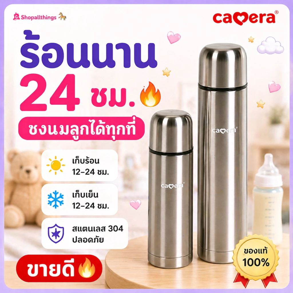 Camera Baby กระติกเก็บน้ำร้อน-เย็นสูญญากาศ เก็บอุณหภูมิ สามารถเก็บความร้อนหรือความเย็นได้ 12 ถึง 24 ชั่วโมง