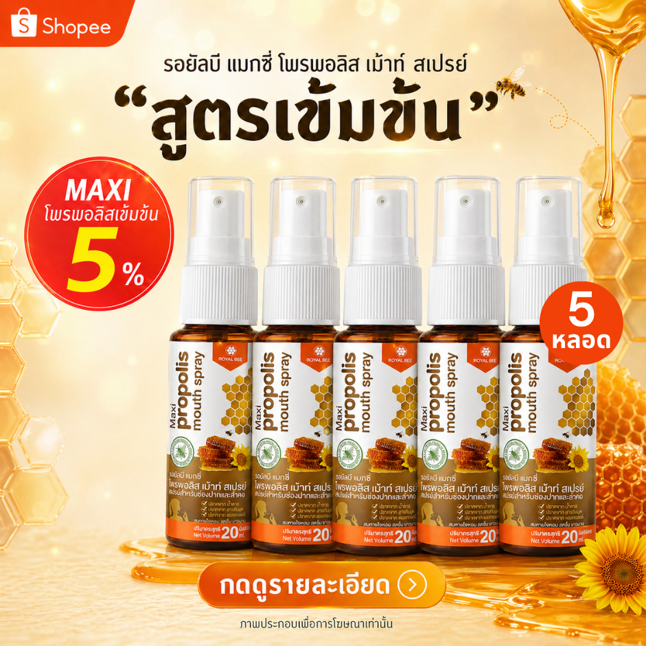 5 หลอด Propoliz โพรโพลิซ สเปรย์สำหรับช่องปาก สูตร MAXI เข้มข้น Propolis Mouth Spray 20ml