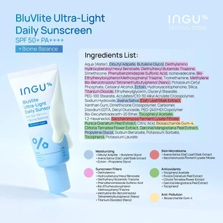 INGU BluVlite Ultra-Light Daily Sunscreen SPF 50+ PA++++ + Biome Balance กันแดดบางเบา สูตรชุ่มชื้น ปลอบประโลมผิว