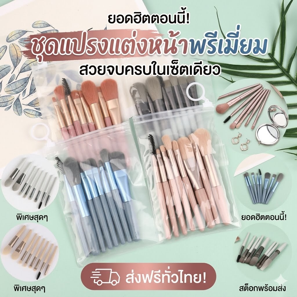 kingshopping แปรงแต่งหน้า 8 ชิ้น(มีถุงซิปด้วย)  ชุดแปรงแต่งหน้า (HZS99)（ร้านไทย)