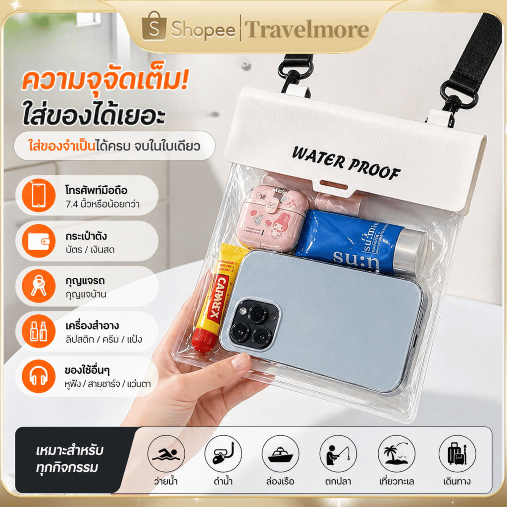 รุ่นใหม่ กระเป๋าคาดเอวกันน้ำสงกรานต์ IPX8 ซองกันน้ำโทรศัพท์ขนาดใหญ่ ใส่ของเยอะ กันน้ำได้ดี