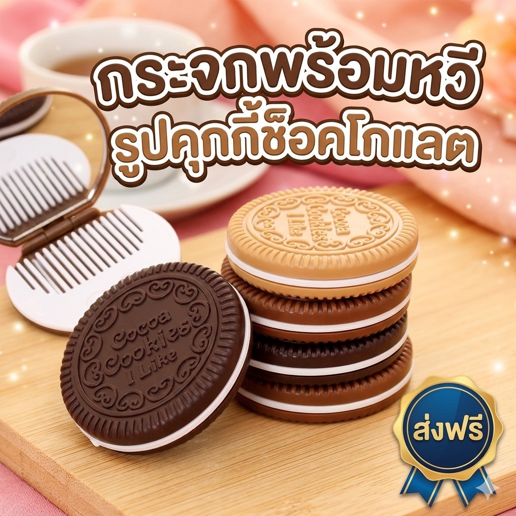 kingshoping (ร้านไทย)(JSQK64) กระจกพร้อมหวี รูปคุกกี้ช็อคโกแลต แบบพกพา(เครื่องมือแต่งหน้า ของแถม-แจก)ราคาส่ง