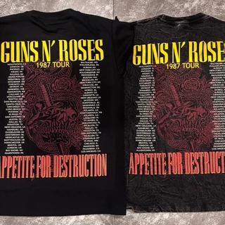 เสื้อยืดผ้าฟอก-ผ้าดำ GunnRoses1987(ป้ายRocktee เรืองแสง) ผ้าCotton100