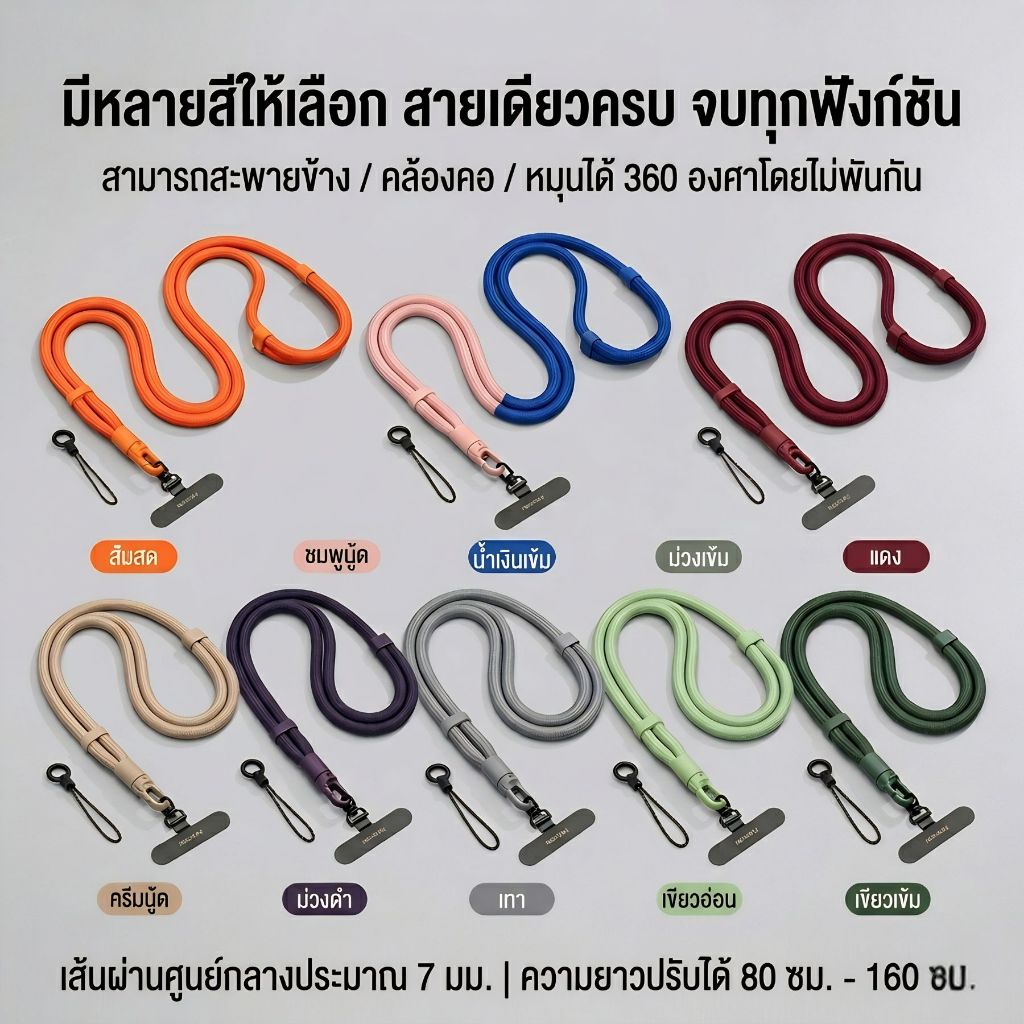 🔥 [แกร่งสุด] สายคล้องโทรศัพท์ พร้อมแผ่นเหล็กนิรภัย 360° ไม่ขาดง่าย ไม่กลัวเครื่องตก สายหนา 7mm ปรับระดับได้ ใช้งานสะดวก