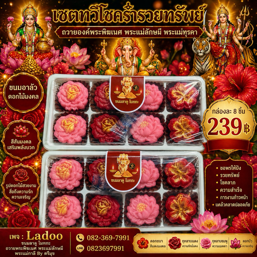 ขนมดอกบัวลักษมี ไม่ผสมแป้ง ดอกกุหลาบแดงถวายท้าวเวสสุวรรณ พระแม่อุมาเทวี ชบาแดงถวายพระพิฆเนศ