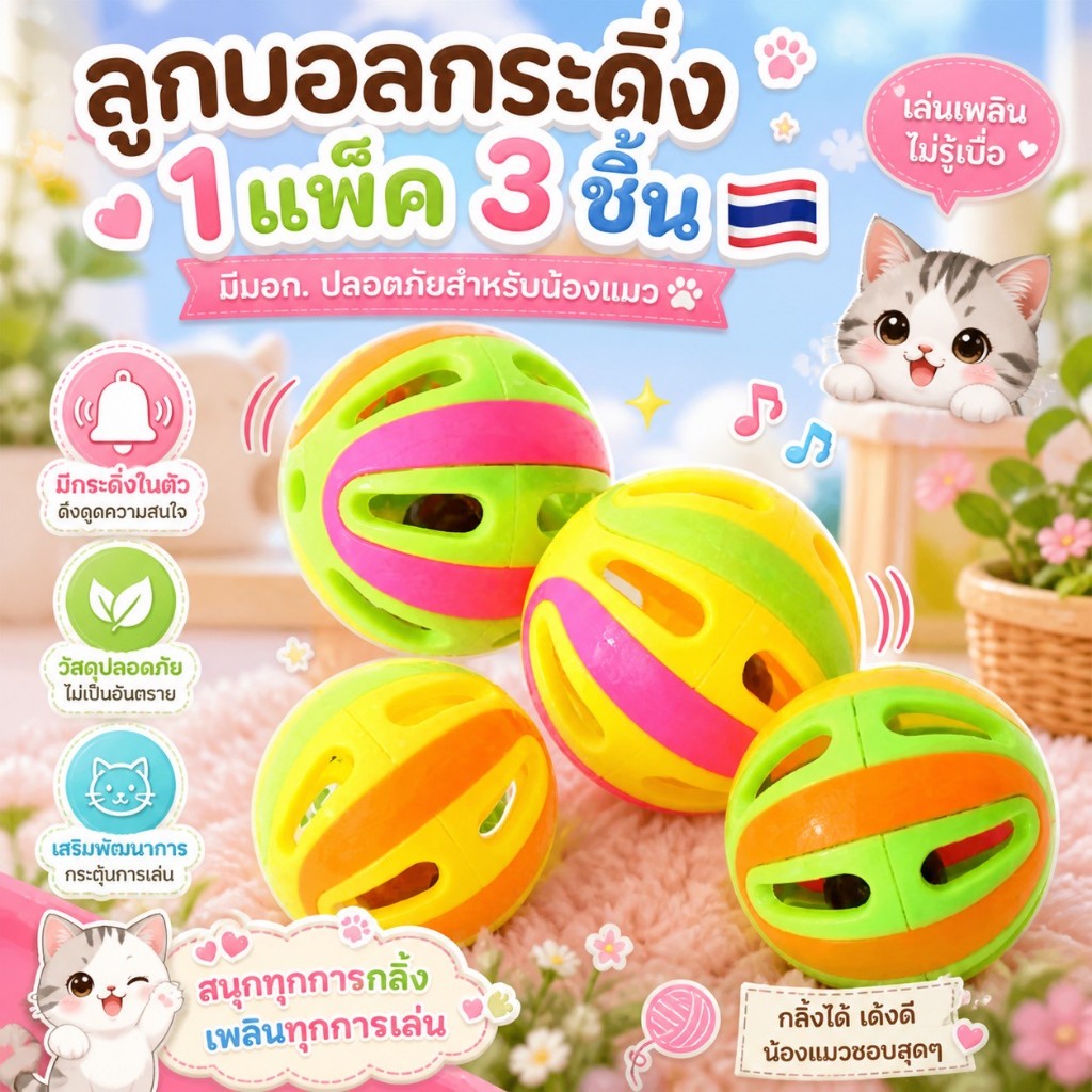 มีมอก ลูกบอลกระดิ่งขนาดใหญ่: ของเล่นแมวสุดโปรด - แพ็ค 3 ชิ้น! วัสดุปลอดภัยจากพลาสติก PP