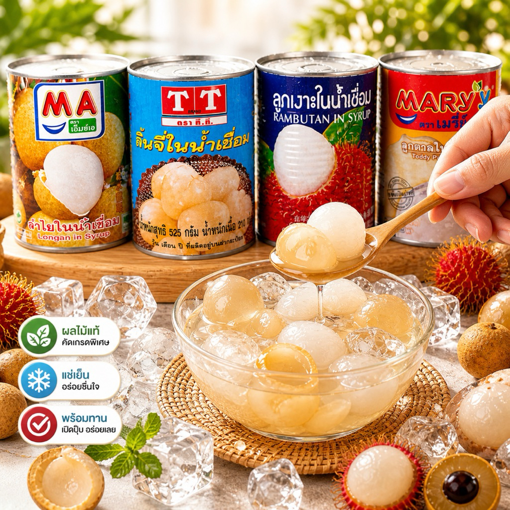 ผลไม้กระป๋อง ชุด 4 กระป๋อง มี เงาะจิงโจ้ ลำใยMA ลูกตาลเมรี ลิ้นจี่TT อร่อย