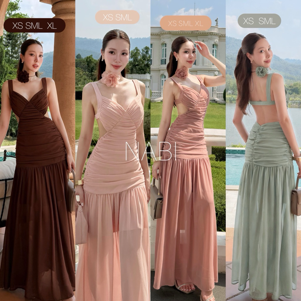 B-91545 ชุดไปงานแต่งสีเขียว  เดรสออกงานสีชมพู Nabi