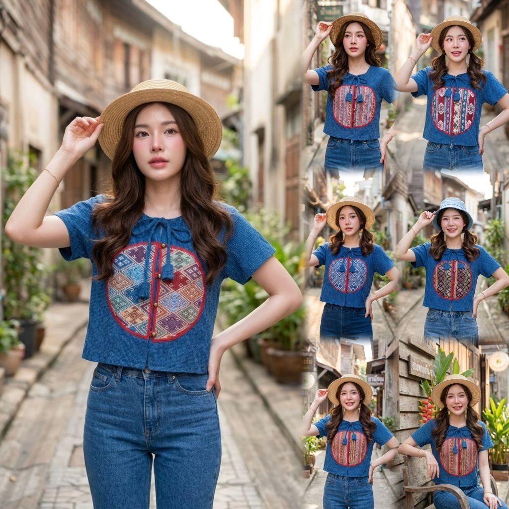 เสื้อพื้นเมืองผู้หญิงคอกลมผูกโบว์ผ้าสโตนแต่งผ้าทอลายทรงกลม รุ่น "พราวตา"