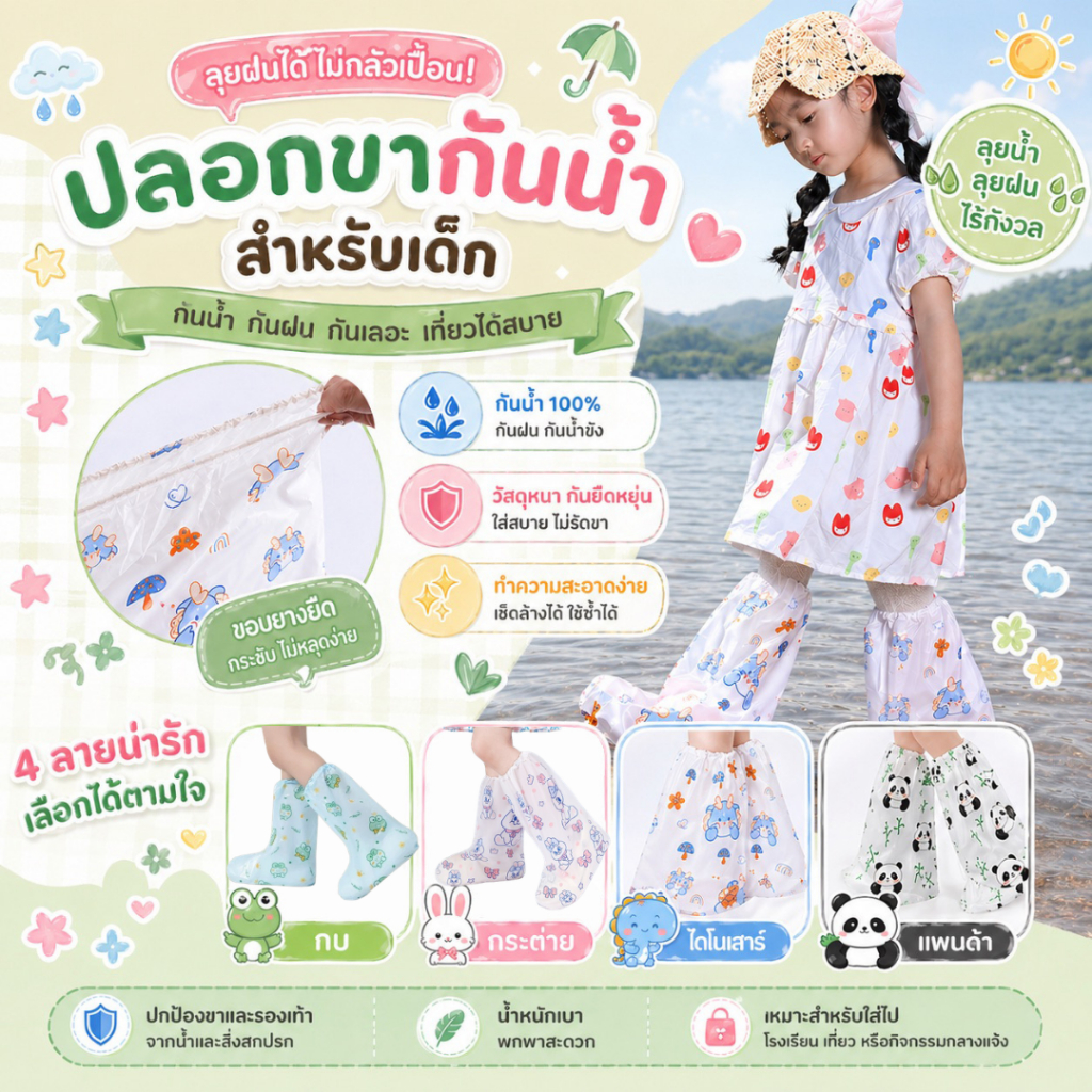 ถุงรองเท้ากันฝนเด็ก พลาสติก PE กันน้ำ 100% ลายน่ารัก (หมี กวาง) แฟชั่นกันฝนสำหรับหนูๆ