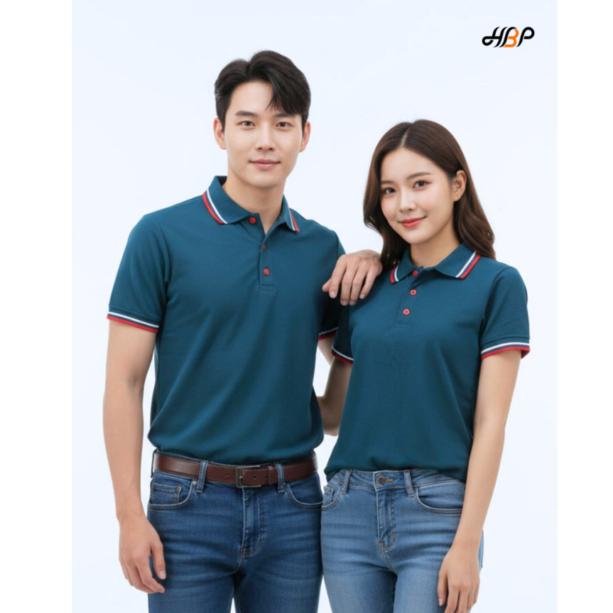 เสื้อโปโลสีเขียวหยกเข้ม ขลิบแดง แขนจั้ม ผ้า TK ใส่สบาย ไม่ร้อน ทรงสุภาพ ใส่ทำงาน/ยูนิฟอร์ม
