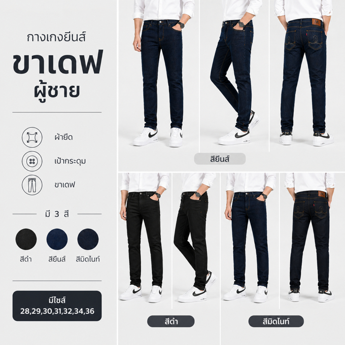 กางเกงยีนส์ขาเดฟผู้ชาย ผ้ายืด สีดำ สียีนส์ สีมิดไนท์ เป้ากระดุม