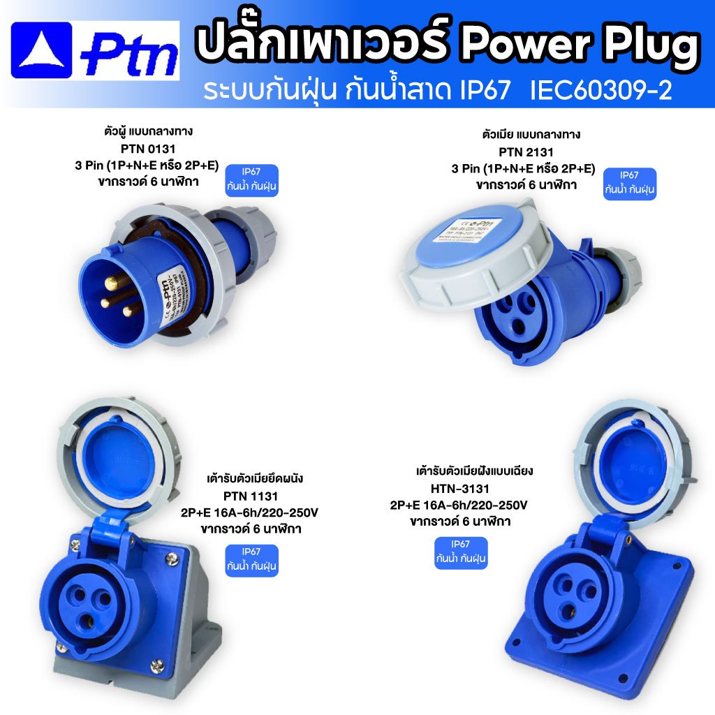 PTN ปลั๊กเพาเวอร์ Power Plug (เพาเวอร์ปลั๊กกันน้ำIP67)  ตัวผู้กลางทาง 16A 220-250V IP67 (2P+E) กันน้