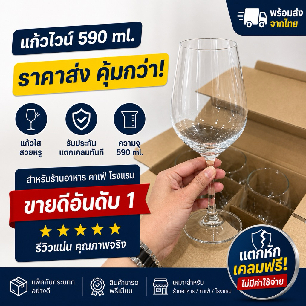 พร้อมส่ง🍷แก้วไวน์คุณภาพ ขนาด 590 ml ทรงนิยม สวย ใส เหมาะสำหรับการดื่มไวน์แดง