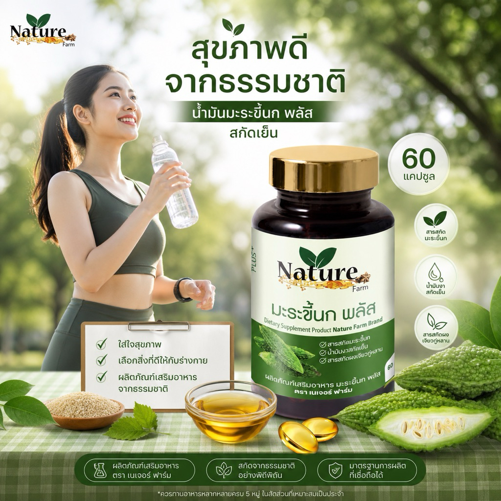 🔥พร้อมส่ง🔥 มะระขี้นก พลัส  น้ำมันมะระสกัดเข้มข้น Nature farm Brand ( 60 แคปซูล)