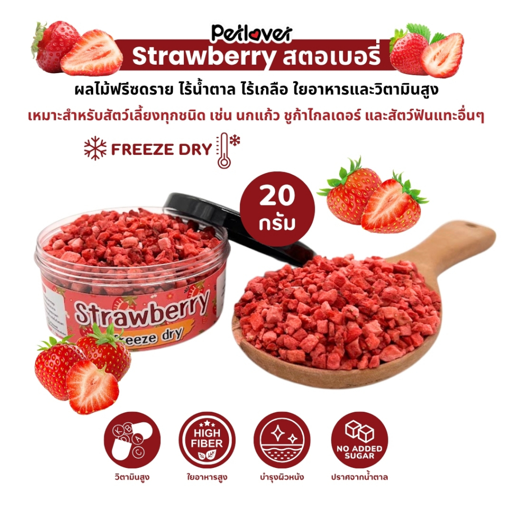 Strawberry สตรอว์เบอร์รี ฟรีซดราย ไร้น้ำตาล ไร้เกลือ อาหารนกแก้ว และสัตว์ฟันแทะทุกชนิด (กระปุก 20G)