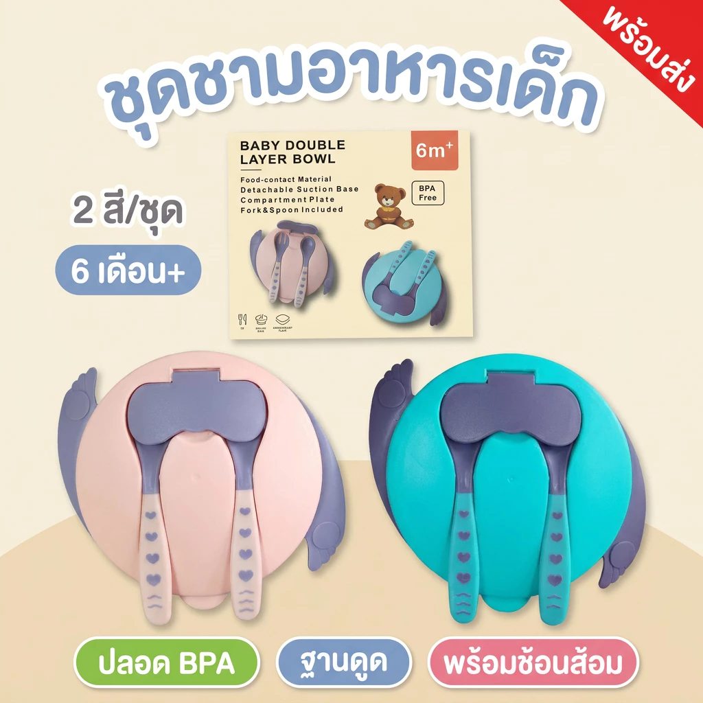 ถ้วยหัดทานข้าวเด็ก ชามก้นดูดกันหก พร้อมถาดหลุม 3 ช่อง และช้อนส้อม ปลอดสาร BPA