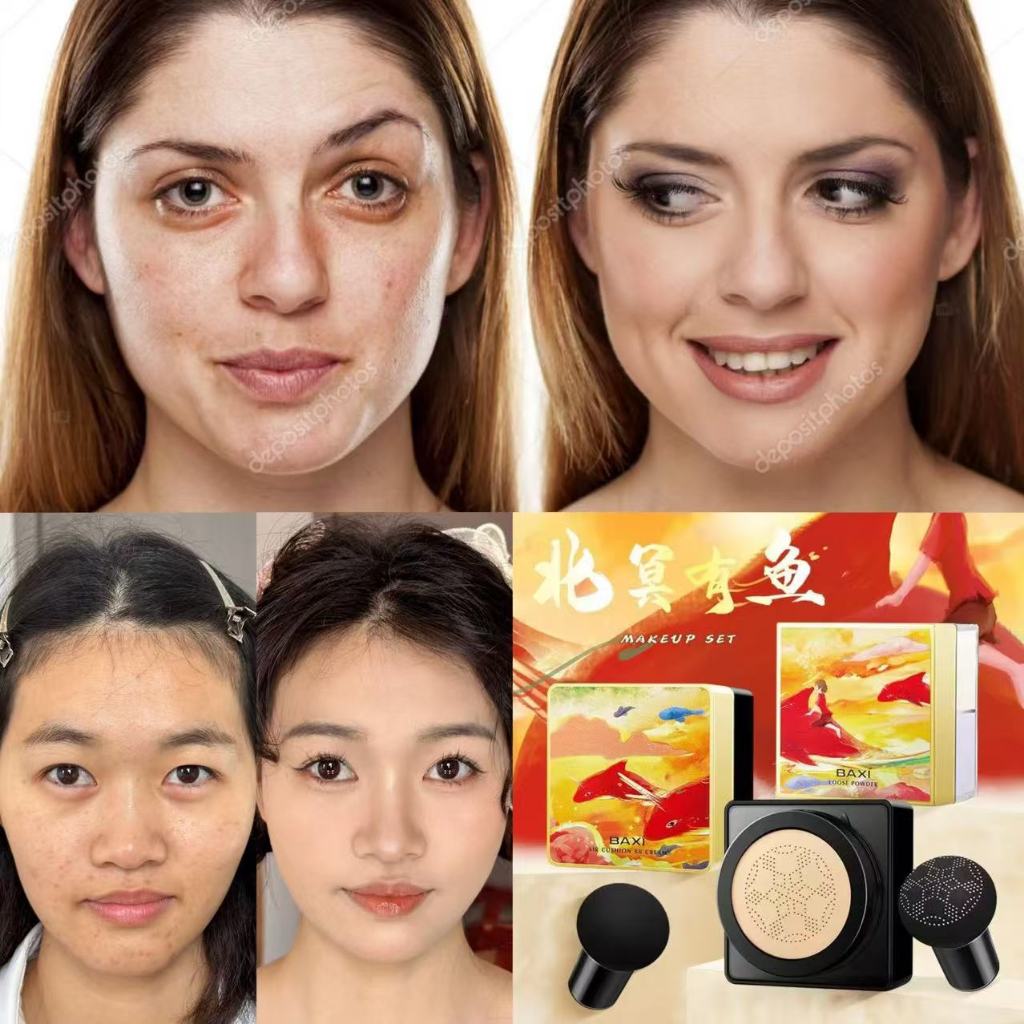 เซ็ตแป้งคุชชั่น5ชิ้น บีบีครีม+แป้ง4สี+ครีมรองพื้น+พัฟเห็ด2 ปกปิดริ้วรอย สิว หน้าใสชุ่มชื้น คุมมันกันเหงื่อกันน้ำ BAXI