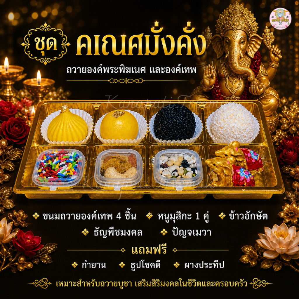 ชุดขนม คเณศมั่งคั่ง ถวายองค์พระพิฆเนศ ขนม 4 ชิ้น หนูมุสิกะ และ ของถวาย สำเร็จ สมหวัง✨มีให้เลือกหลายชุด🕉️ขนมลาดูโมทะกะ