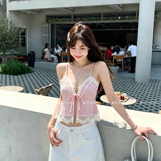 STR พร้อมส่ง🫦👙เสื้อสายเดี่ยว เสื้อลูกไม้ ผ้างานปักดอกไม้ เปิดหน้าอกดีเทลเชื่อกผูกแต่งระบายลูกไม้ เซ็กซี่แฟชั่นผู้หญิง