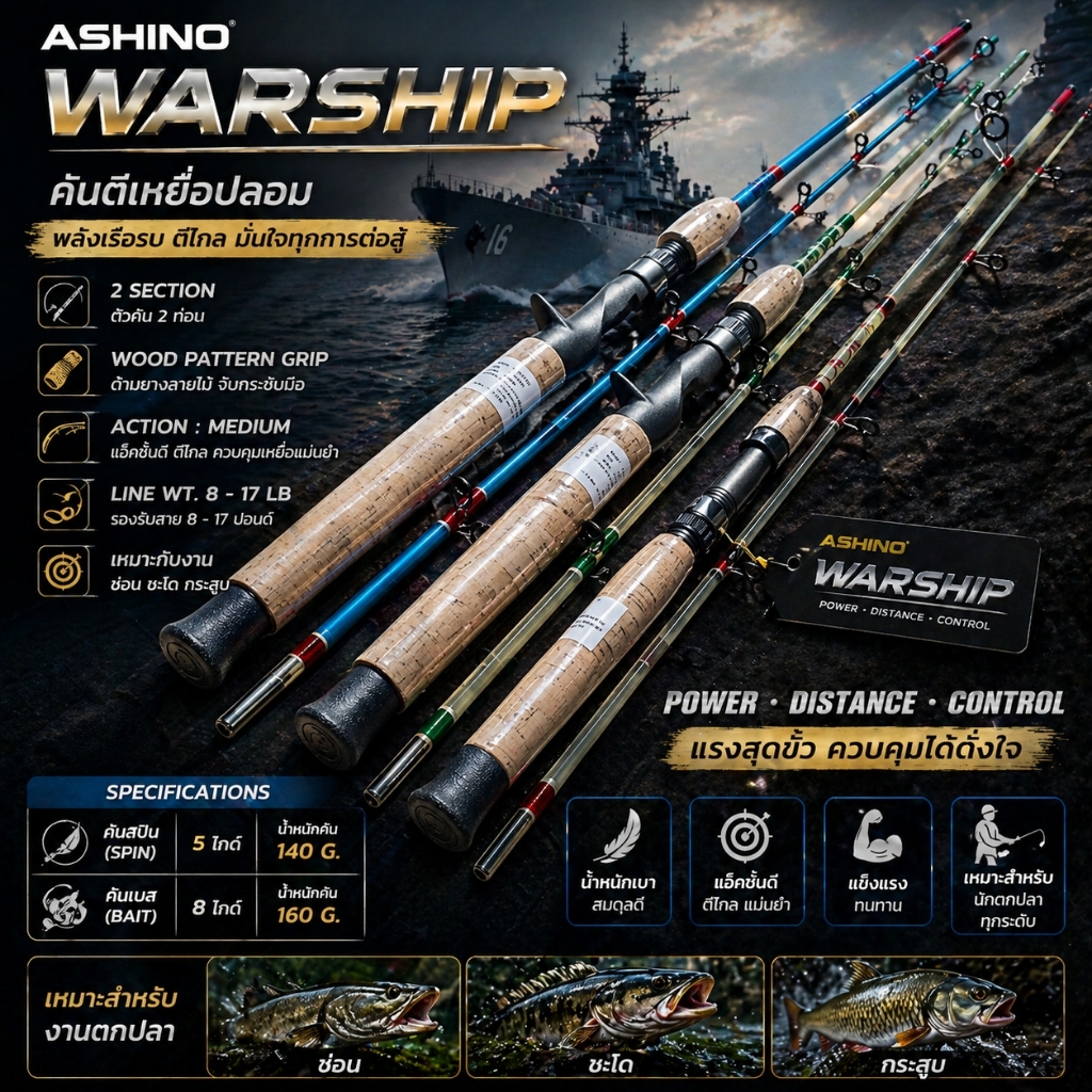 [ ของแท้ ]  คันเบ็ดตกปลา คันตีเหยื่อปลอม Ashino Challenger Line wt. 8-17 lb เหมาะกับงานช่อน ชะโด กระสูบ