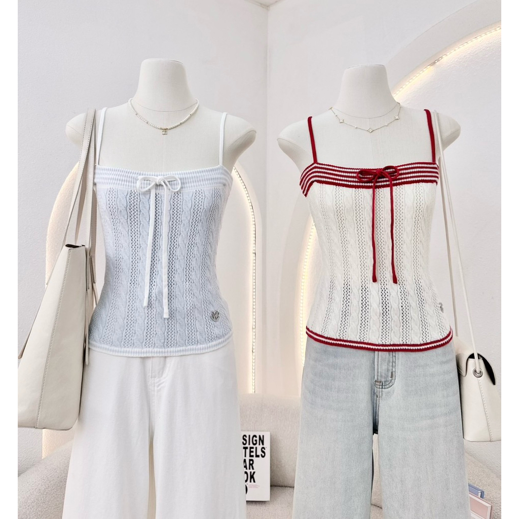 WA YA เสื้อสายเดี่ยวไหมพรมฉลุ