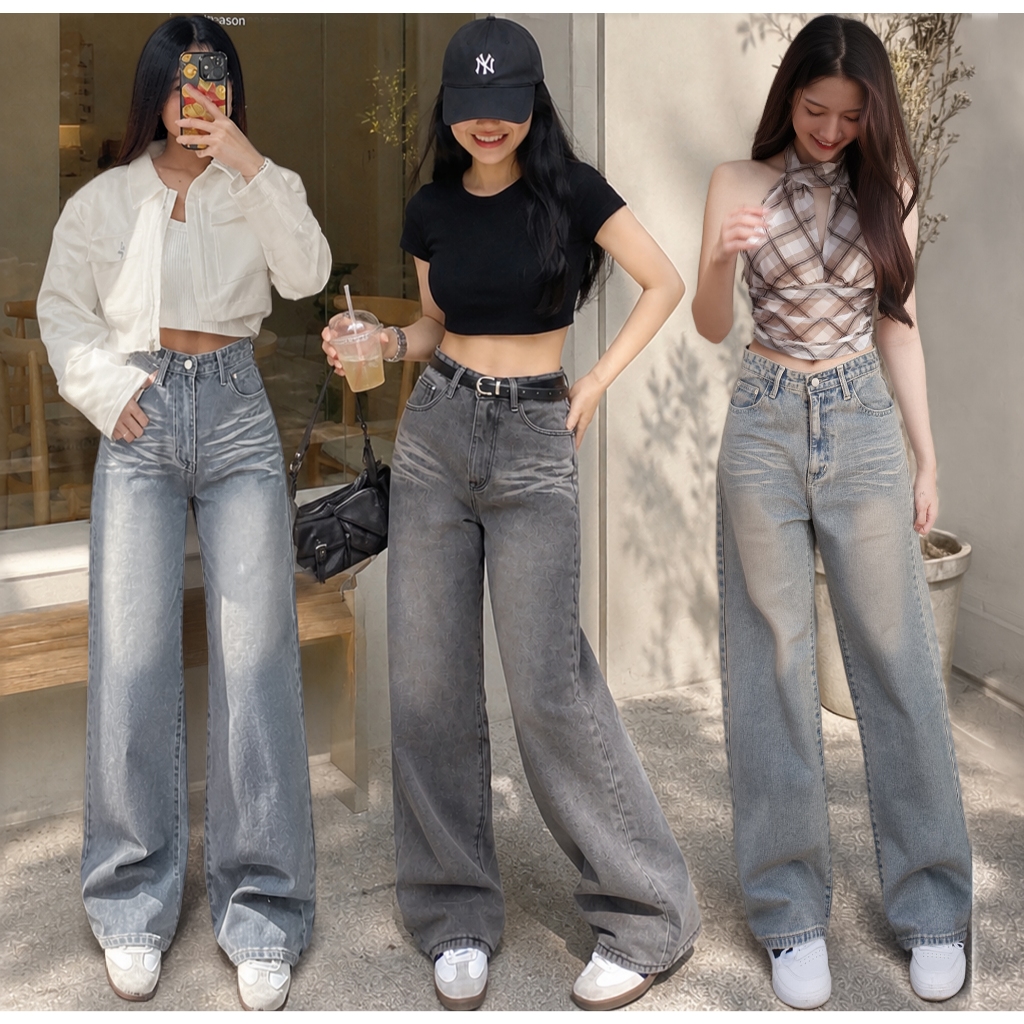 กางเกงยีนส์ขากระบอกฟอกอัดยับ รุ่น Tabby Jeans