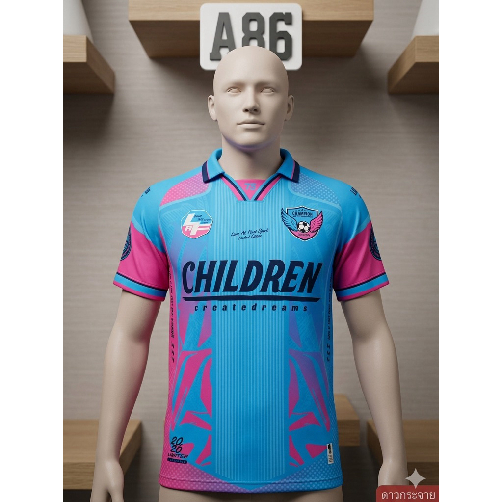 เสื้อกีฬาพิมพ์ลาย คอปกวินเทจ สีฟ้าชมพู ผ้าดาวกระจาย ทีม CHAMPION
