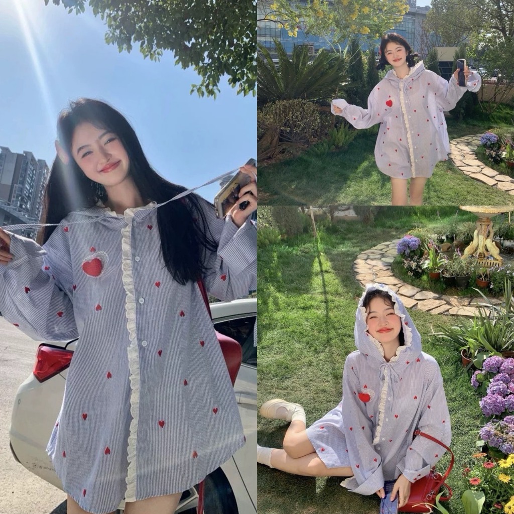 ❤️𝗦𝗵𝗶𝗿𝘁 𝗢𝘃𝗲𝗿𝗗𝗿𝗲𝘀𝘀❤️ ผ้าฝ้ายทอลายริ้วปักหัวใจ มีฮู้ดเพิ่มความคิ้วท์