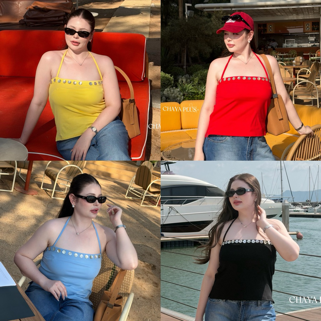 Mika Top - เสื้อเกาะอกผูกคอ แต่งอะไหล่กระดุมหอย(6สี)🌈 สาวอวบ ไซส์ใหญ่ อก38-52นิ้ว
