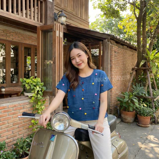 เสื้อผ้าฝ้ายสาลูสองชั้น งานปักมือแฮนด์เมด ดอกมินิน่ารักสุดๆ ทรงสวย สวมใส่สบาย ได้ทุกวัน🍃