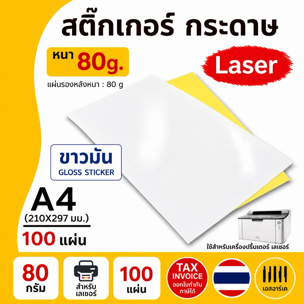 สติ๊กเกอร์ A4 ขาวมัน (100 แผ่น) กระดาษ A4 สติ๊กเกอร์, สติ๊กเกอร์กระดาษ, สติ๊กเกอร์อเนกประสงค์ A4